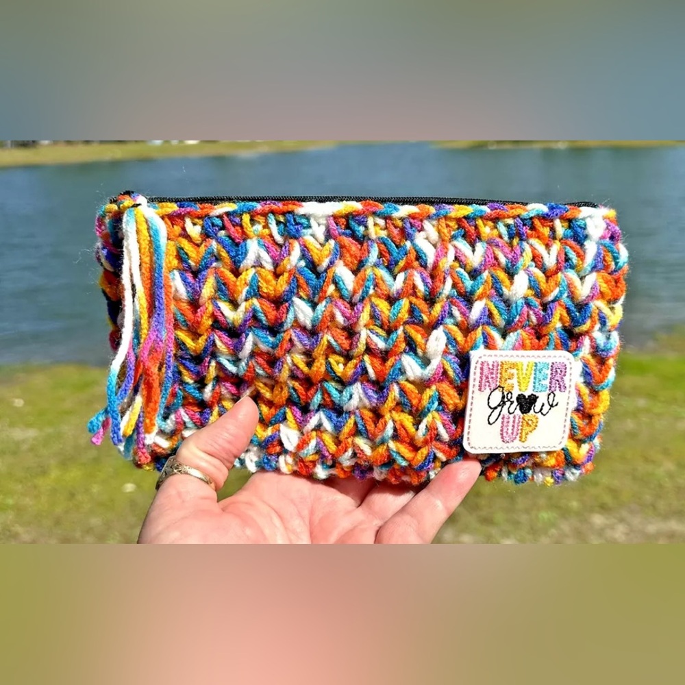 New Handmade Crochet Never Grow Up 9"x4.5" Clutch Makeup Bag Gift Vacation